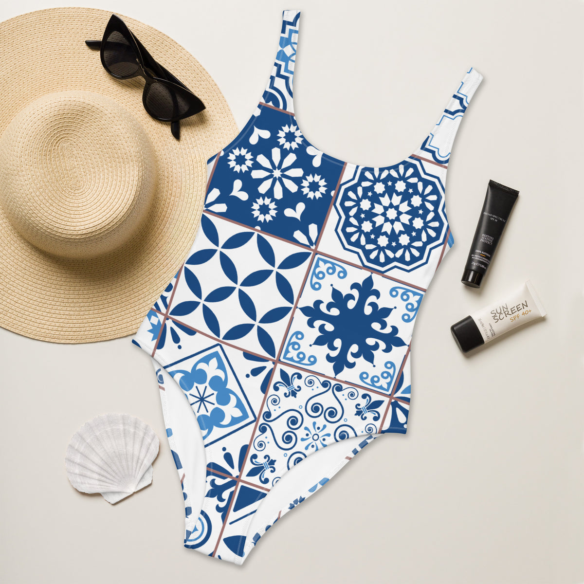 Portuguese Blue Tile One-Piece Swimsuit