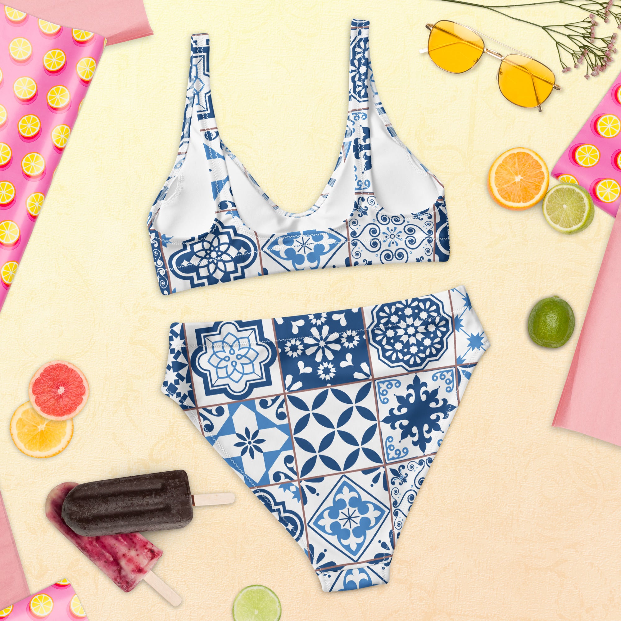 Portuguese Blue Tile Recycled High-Waisted Bikini