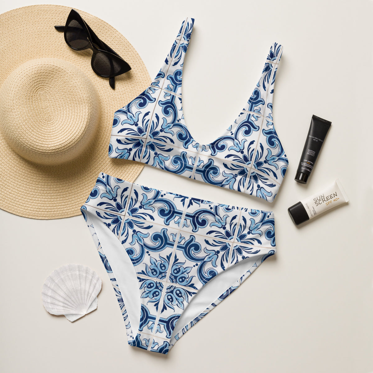 Portuguese Blue Tile Recycled High-Waisted Bikini