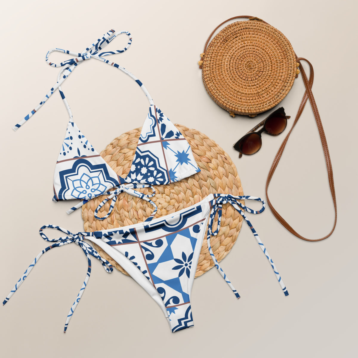 Portuguese Blue Tile All-Over Print Recycled String Bikini