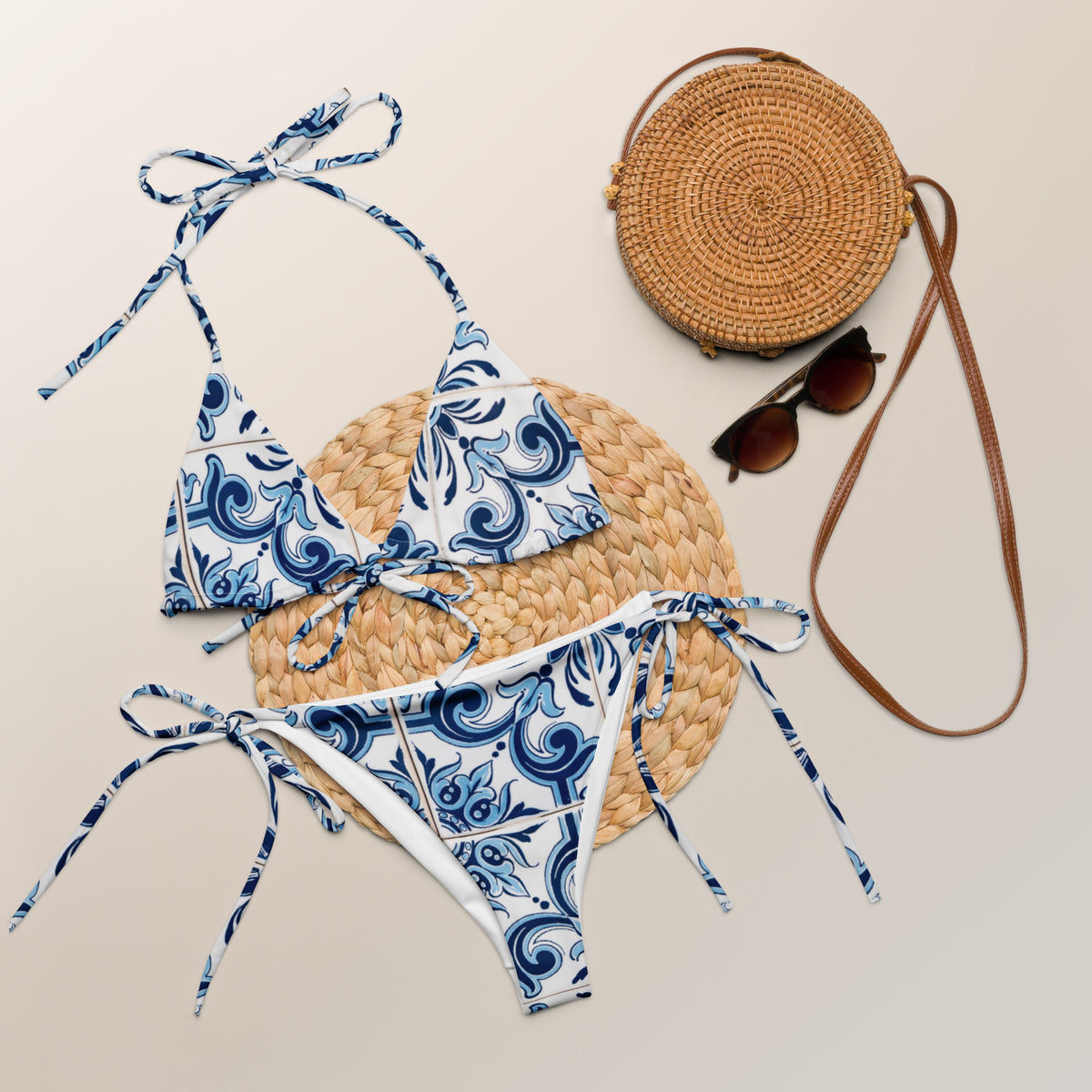 Portuguese Blue Tile All-Over Print Recycled String Bikini