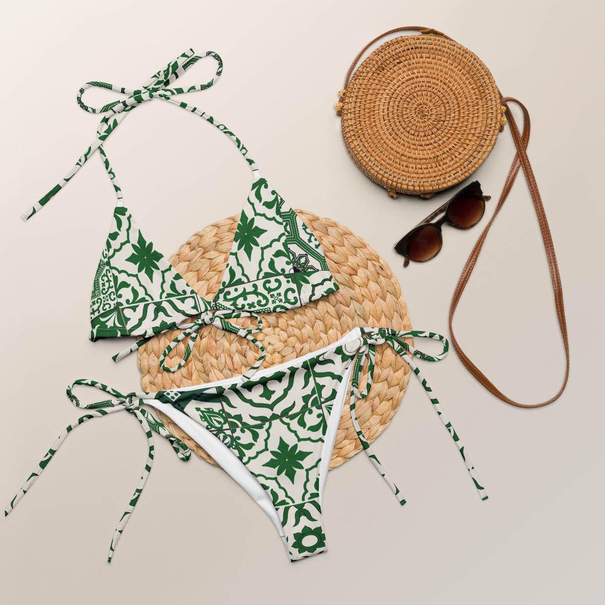 Portuguese Green Tile All-Over Print Recycled String Bikini